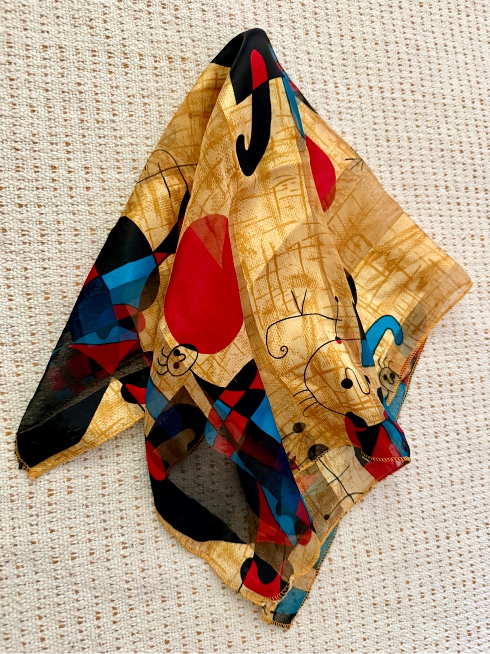 Vintage 70's Square Scarf featuring an abstract surrealist print by Joan Miro